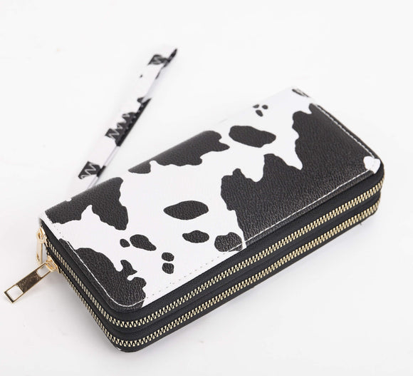 Cow print long wallet 16 card slots double zippers