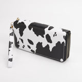 Cow print long wallet 16 card slots double zippers